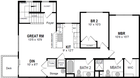 A floor plan of a house with a kitchen, living room, and two bedrooms.